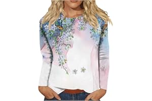 BARNRAE Y2K Shirts Women's Fashion Casual Long Sleeve Print Round Neck Pullover Top Blouse