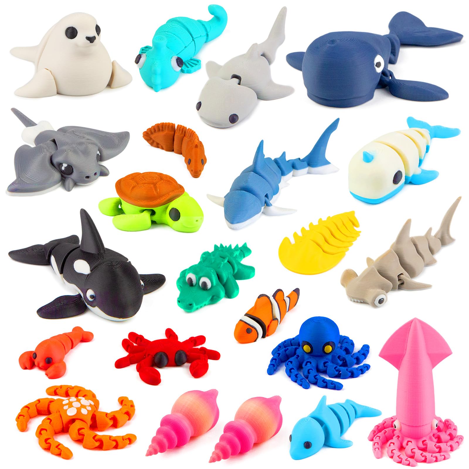 VGBEP 22PCS 3D Printed Sea Animals Toys, 3D Printed Ocean Animals Articulating Flexible Fidget Toys, Cute Animal Figurines Toys for Easter Birthday Party Favors Office Desktop Home Decoration