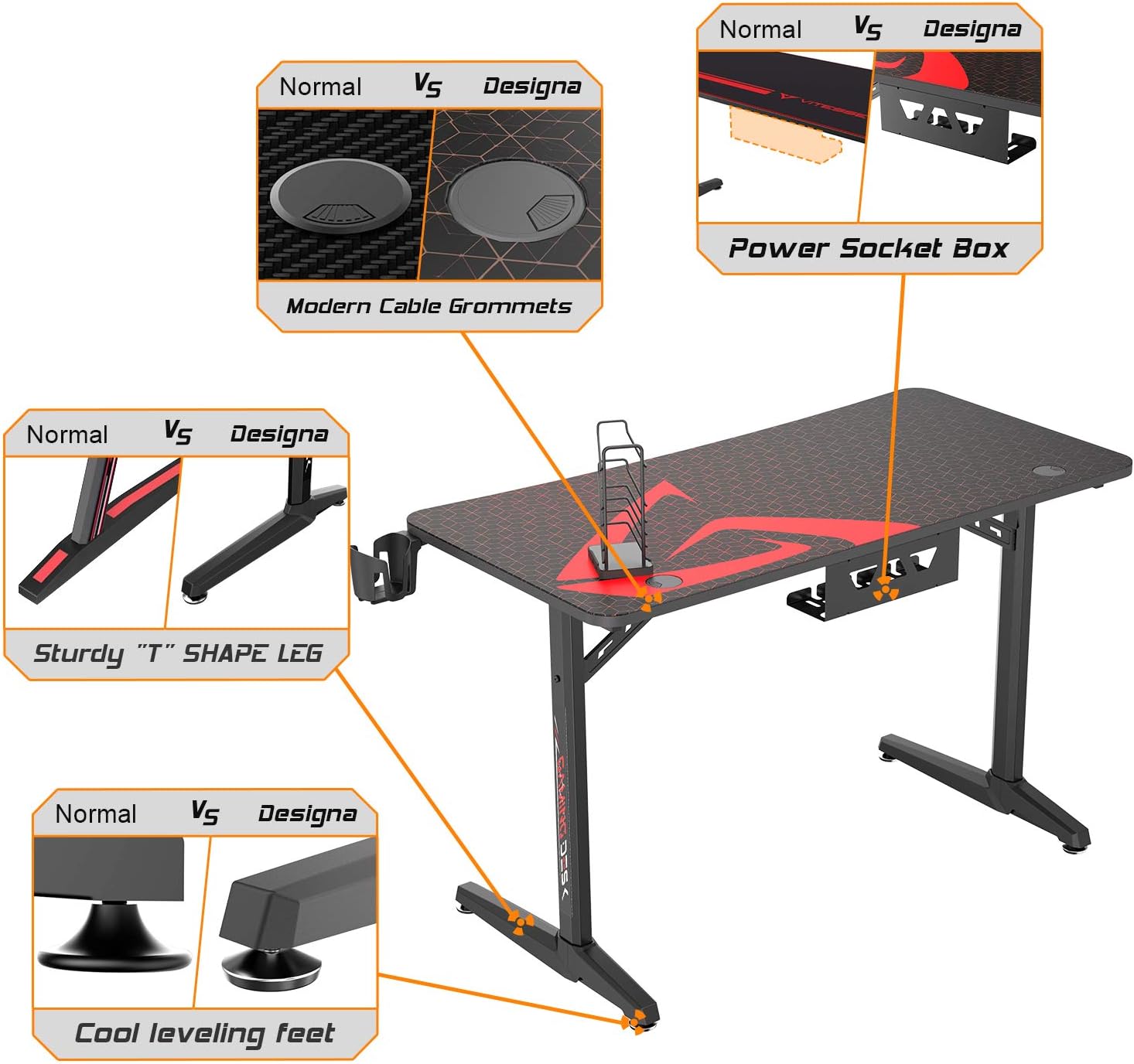 DESIGNA 47 inch Gaming Desk Racing Style, Computer Desk with Free Mouse pad, T-Shaped Professional Writing Table Workstation with USB Handle Rack, Cup Holder & Headphone Hook, Black: Kitchen & Dining