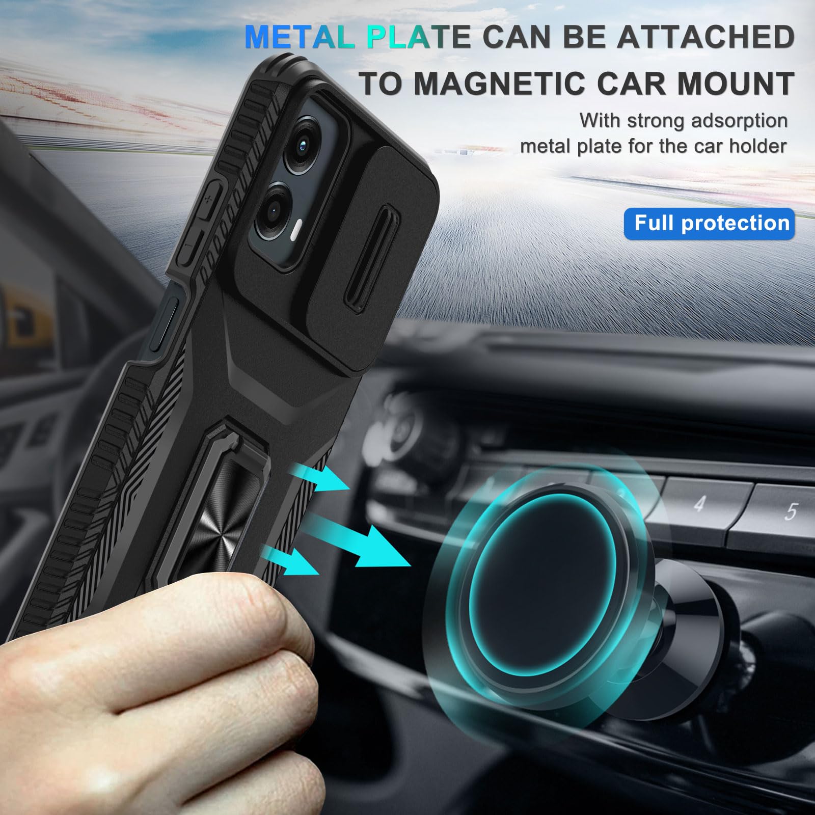 for Motorola Moto G 5G 2024 Case with Tempered Glass Screen Protector and Camera Lens Cover, Ring Stable Kickstand,Heavy Duty Shockproof Protective Phone Cover-Black