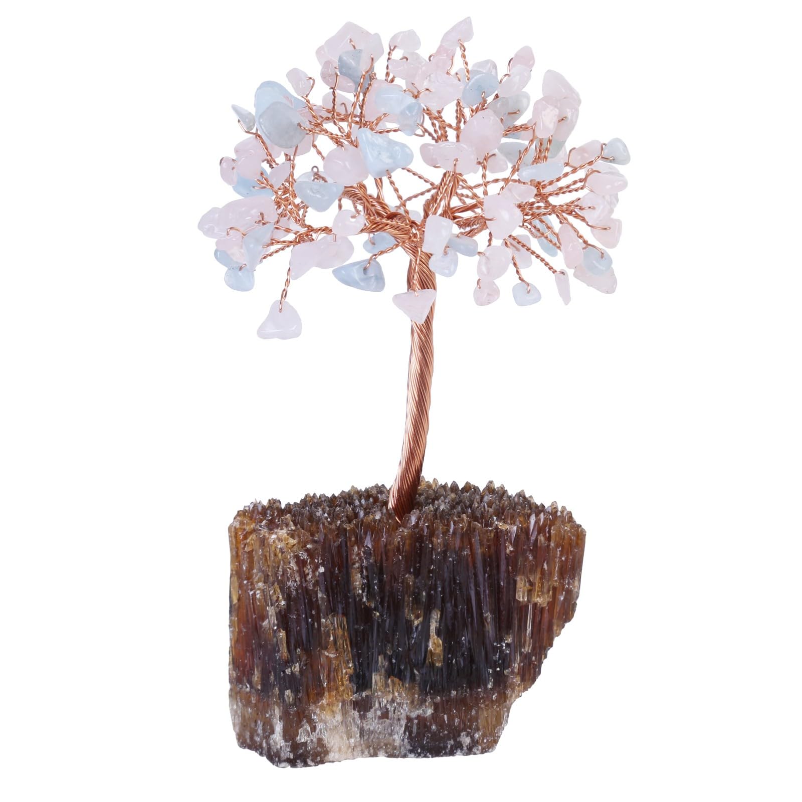 mookaitedecor Natural Rose Quartz & Aquamarine Healing Crystal Tree Amber Calcite Cluster Base Feng Shui Money Tree Ornament Home, Semi Precious Gemstone Bonsai Tree Raw Crystal Gift Reiki Room Decor