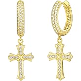 KRKC&CO Dangle Earrings for Men, Double Cross Earrings, Sterling Silver/Gold Plated Hoop, Cubic Zirconia, Moissanite, Hypoallergenic Jewelry, Birthday Father's Day Gift for Him