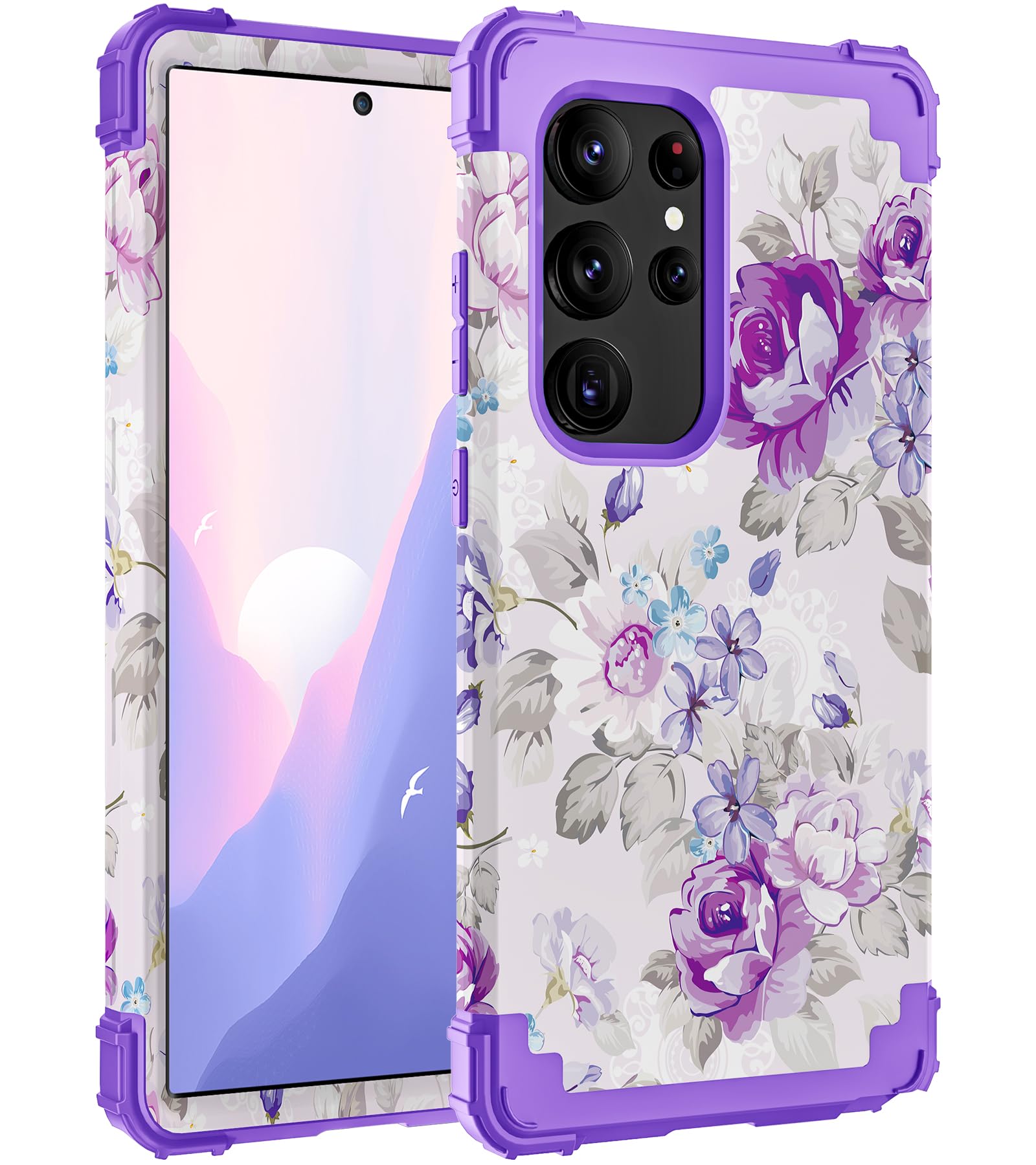 Photo 1 of Hocase for Galaxy S24 Ultra Case, Shockproof Heavy Duty Hard Plastic+Soft Silicone Rubber Bumper Hybrid Dual-Layer Protective Case for Samsung Galaxy S24 Ultra 6.8" 2024 - Lavender Flowers