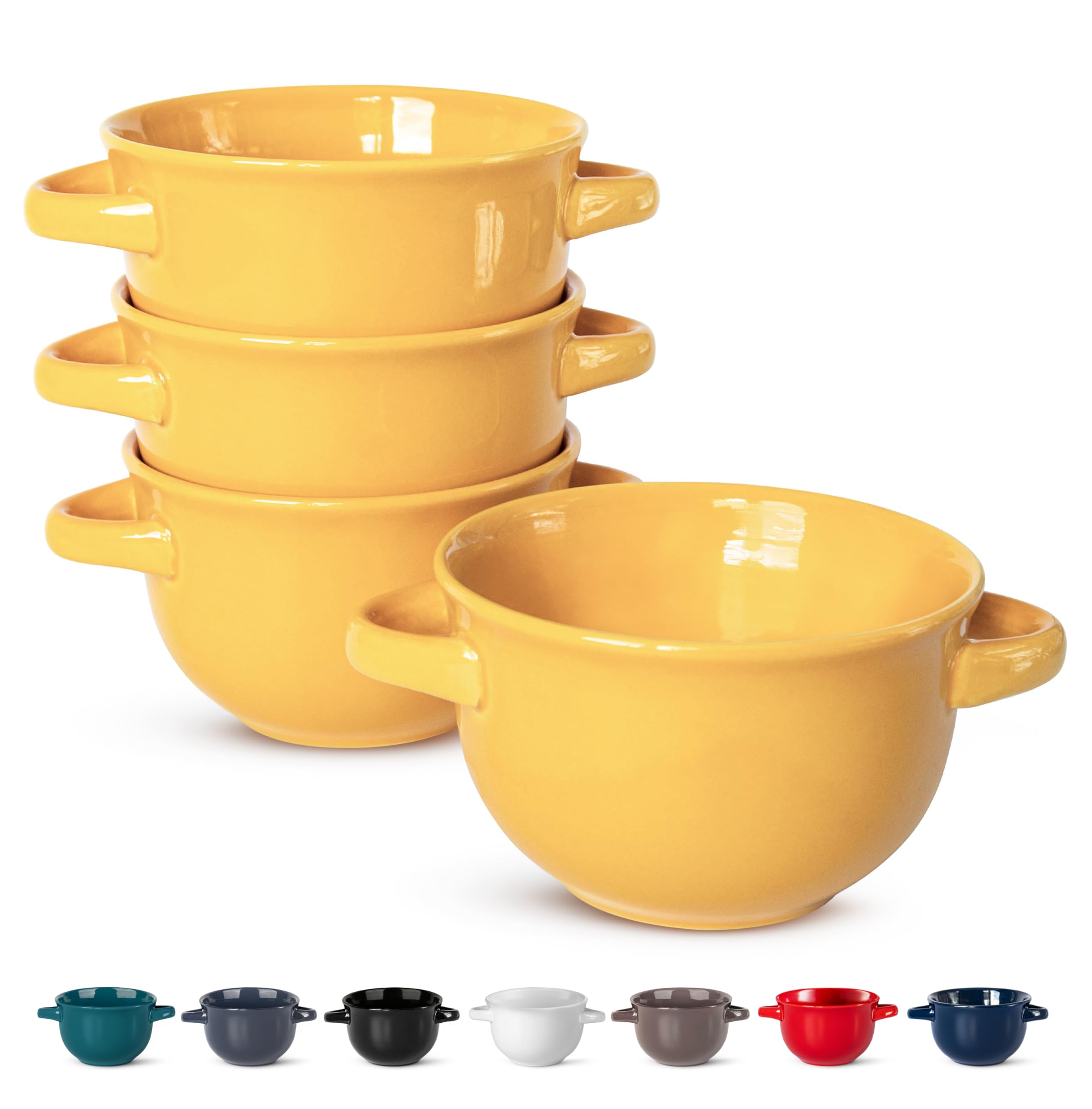 Kook French Onion Soup Crocks, Set of 4, 18 oz (Yellow), Ceramic, Rustic, Oven, Dishwasher, Microwave Safe