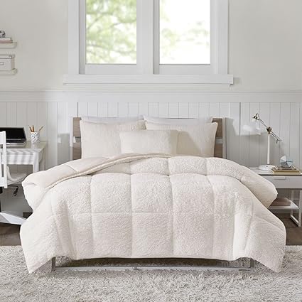 Intelligent Design Jensen Reversible Sherpa Berber To Softspun Flannel Warm Hypoallergenic Comforter Set Bedding Full Queen Size Ivory 3 Piece Home Kitchen Bedding