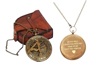 PORTHO Love You Forever Engraved Sundial Compass with Leather Case – Inspirational Gift for Traveler, Adventurer, Groom, Baptism, Wedding or Him | Vintage Brass Navigation Compass