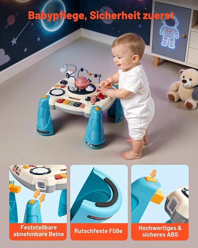 Aktivitätstisch, Spieltisch inkl. 12 Spiele & 60 Klangquellen, Lerntisch mit Weltraumthema, Sanft Leuchtendem Sternenprojektor, Interaktiver Kindertisch, Entdeckertisch für Kinder 6-18 Monate