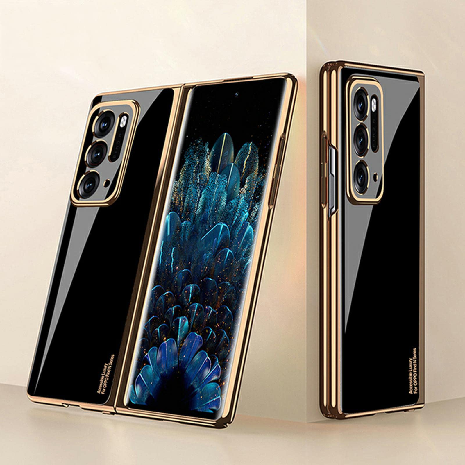 COQUE OPPO Find N Case,Ultra Slim 9H Glass Shiny Painted Mobile Phone Shell,Folding Phone Cover for OPPO Find N-Black Gold