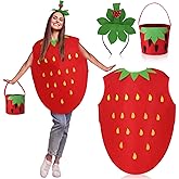 Haull 3 Pieces Halloween Strawberry Costume Poncho Outfits for Women with Headband Hand Basket Funny Fruit Cosplay Dress up Party, Red, Green