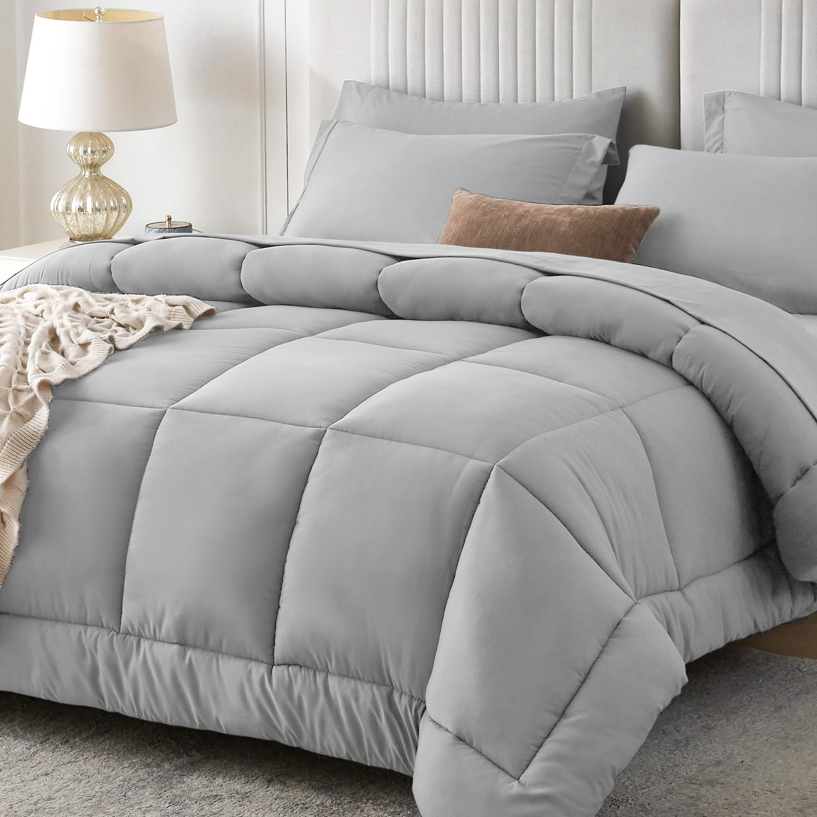 Sasttie Full Size Comforter Sets, 7 Pieces Bed in a Bag Full, Complete Bedding Set Includes Comforter, Flat Sheet, Fitted Sheet, Pillowcases and Pillow Shams, Light Grey Image