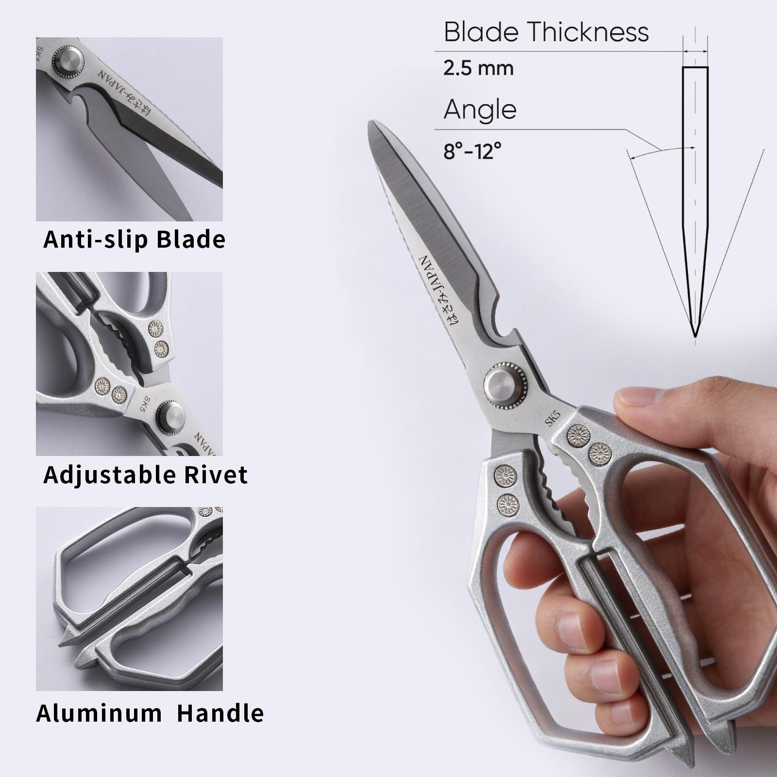 ZORKIC Küchenschere Set Silber 3er-Pack Hähnchenschere, Edelstahl Geflügelschere Fleischschere, Scharf Küchen schere für Gemüseschere, Hühnerknochen und Pute Geschenke für Mama 5