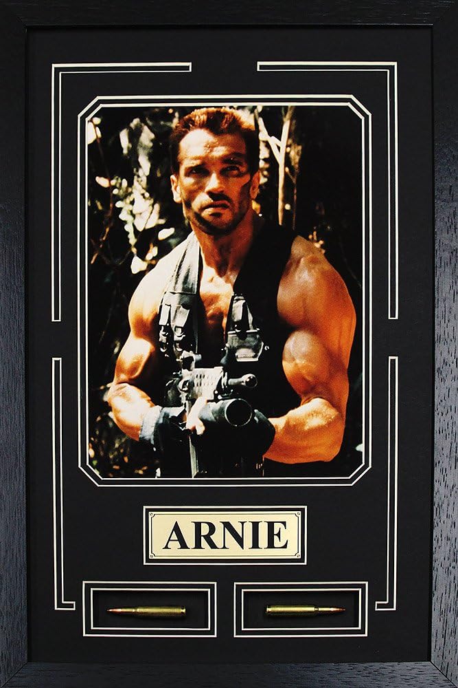 Arnold Schwarzenegger, Arnie, Predator Movie Memorabilia Framed Movie Photo, Plate, Bullets Custom Made Real Wood Modern Charcoal Frame (13 x 17)