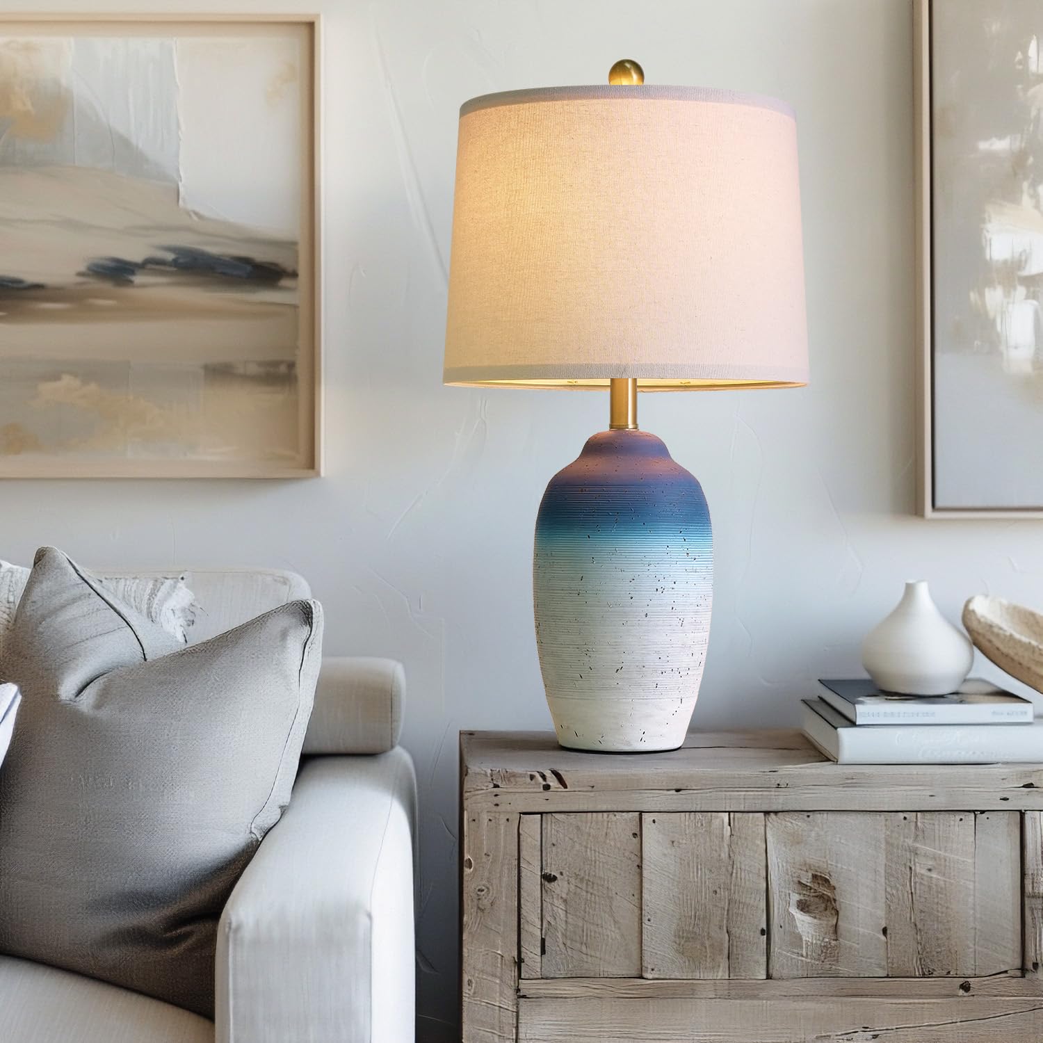 Photo 1 of USumkky 24.5" Vintage Ceramic Table Lamp - Single Farmhouse Rustic Bedside Lamp with Natural Textured Finish, Nightstand Lamps for Living Room, Bedroom, End Table, Office White and Blue