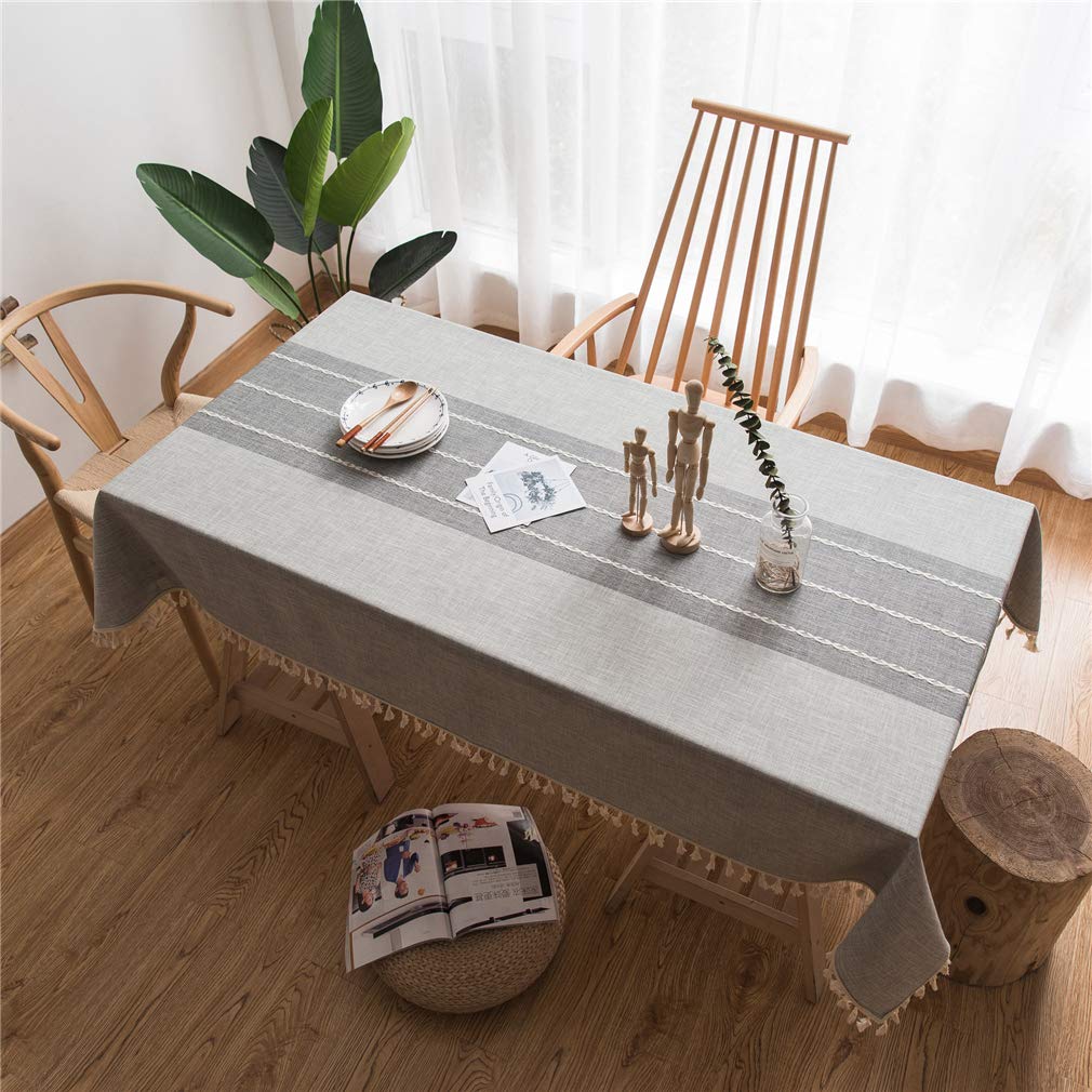 X-Labor Striped Tablecloth with Tassel Square Cotton Linen Table Cloth Table Linen Easy Care Garden Room Table Decoration, grey, 140 * 180 cm
