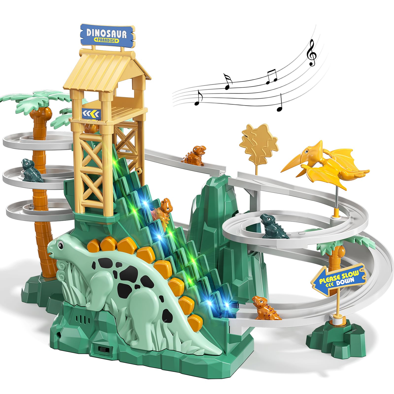 JUKUDAHU Dinosaur Climbing Slide Stair Toy for Toddlers Age 3 4 5 6 7 8 - Racing Track Game Set, Sliding Car Toy, Dinosaur Themed with Light and Music, Birthday Gifts for Boys Girls Kids