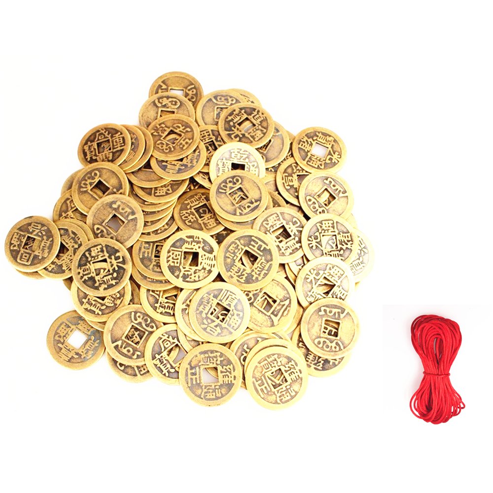 RayLineDo® Pack of 50 Chinese Qing Dynasty Lucky Feng Shui Coin Good Fortune Wealth and Success Imitation Metal Ancient Coin Random Mixed 2.3cm/1inch With 10M Free Nylon Chinese Knot Cord