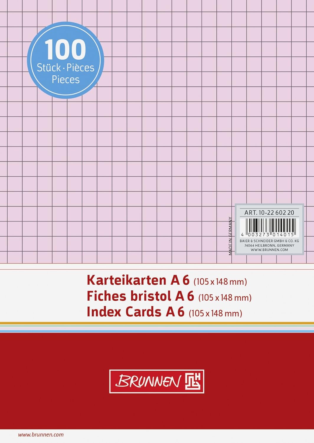 Cardboard 180 G M Baier Schneider Index Cards A6 Landscape Squared Shrink Wrapped 1 Red
