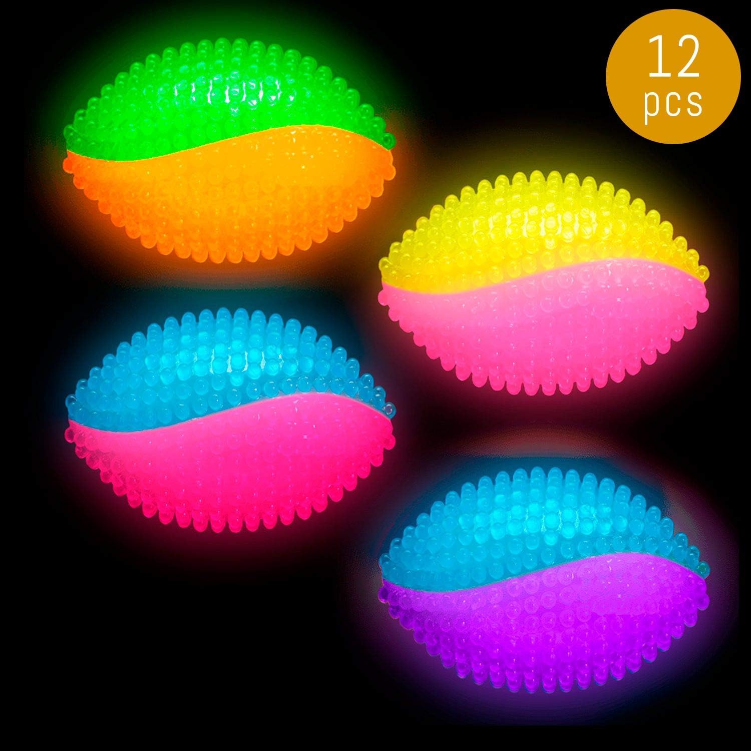 Lumistick LED Light Up Flashing Spikey Football | Soft Rubber Bounce Squeeze Glowing Bright Color Bumpy Toy Ball for Kids Night Club Parties (Assorted, 12 Spikey Football)