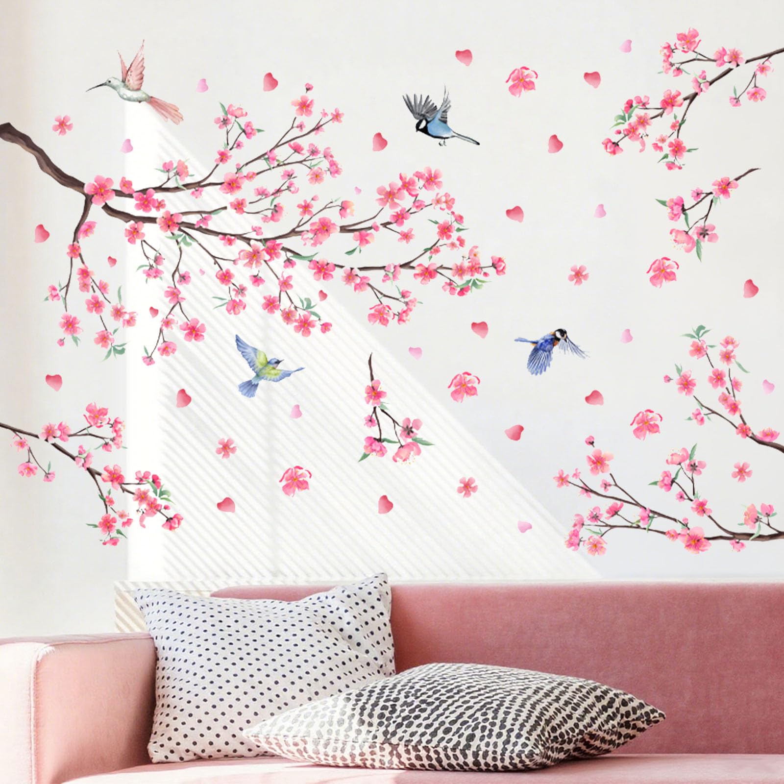 EUIEUT Cherry Blossom Tree Wall Sticker, Floral Birds Wall Art Decals Pink Flower Peel and Stick Flower Wall Stickers for Bedroom Living Room Sofa TV Background Home Wall Decor