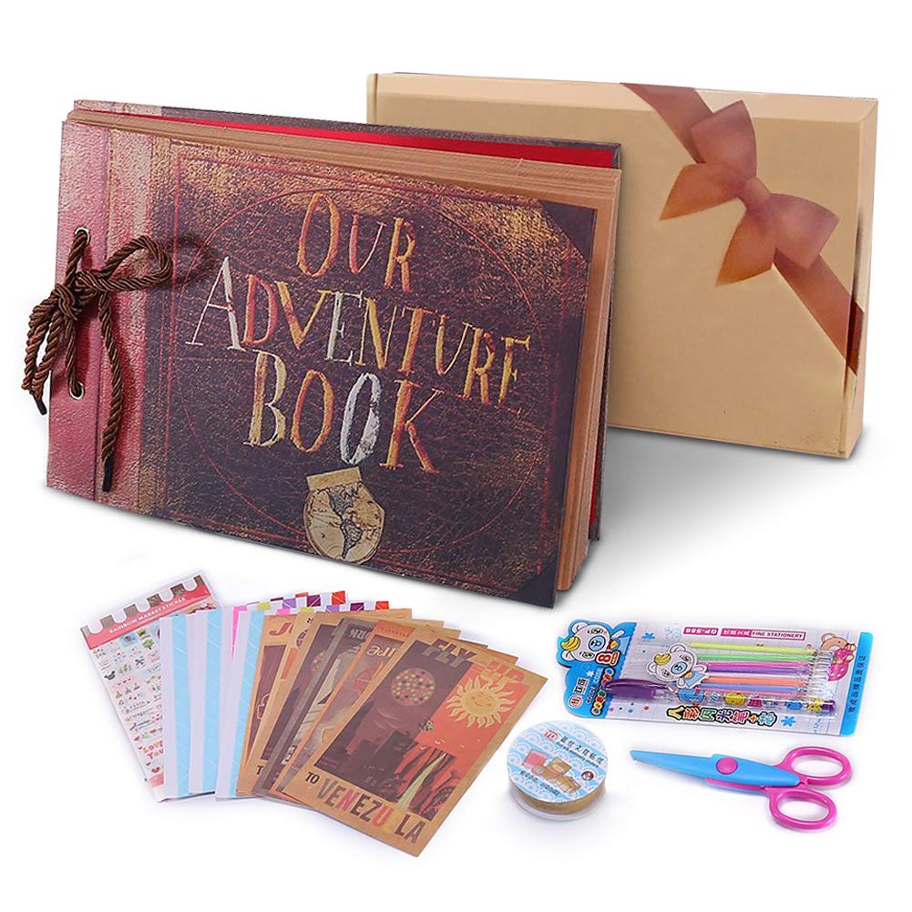 Álbum de fotos DIY, Pootack Scrapbook (19x30cm, 80 páginas, 40 hojas) con un conjunto de pluma de color, tijeras, cintas adhesivas, pegatinas - Regalo único para el cumpleaños/ familia/ niños/ amigos
