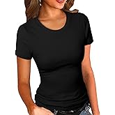 PALINDA Women's Crew Neck Ribbed Fitted Shirt Basic Short Sleeves Summer T Shirt Tops