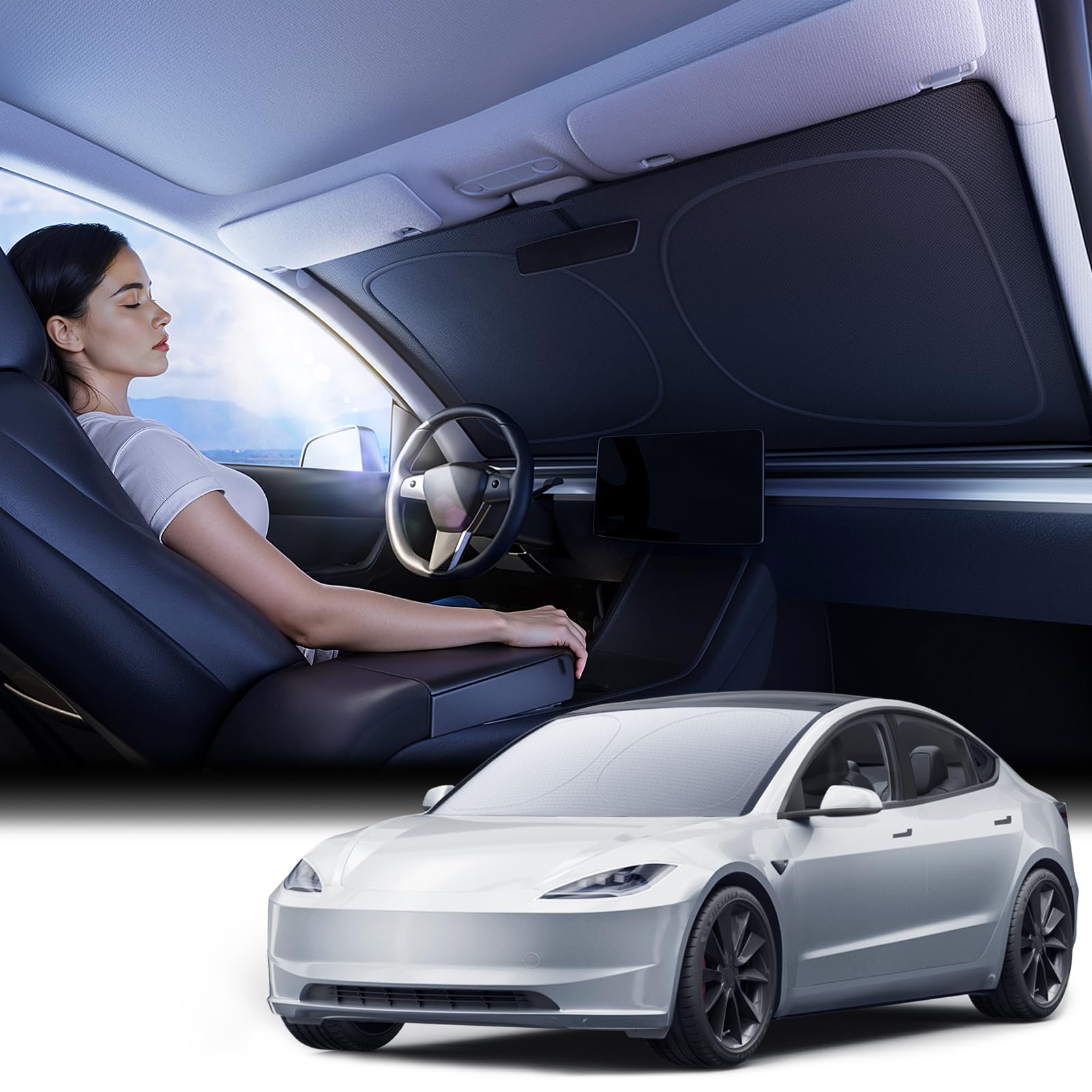 Photo 1 of [2026 Upgraded] Nmoiss Model 3 Accessories Car Windshield Sun Shade [Dot Matrix Reflective Coating] Extended Edge No Light Leakage Design Cooling Protect Car Interior from UV Damage - Model 3