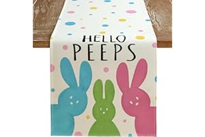 ARKENY Easter Table Runner 13x60 Inches, Bunny Rabbit Hello Peeps Spring Holiday Farmhouse Burlap Buffalo Plaid Indoor Table Decorations for Home AT371-60