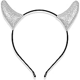 MUKOSEL Glitter Devil Horns Headband, Devil Ears Headband Halloween Cosplay Dress up, Devil Costume Accessories for Women Men(Silver)