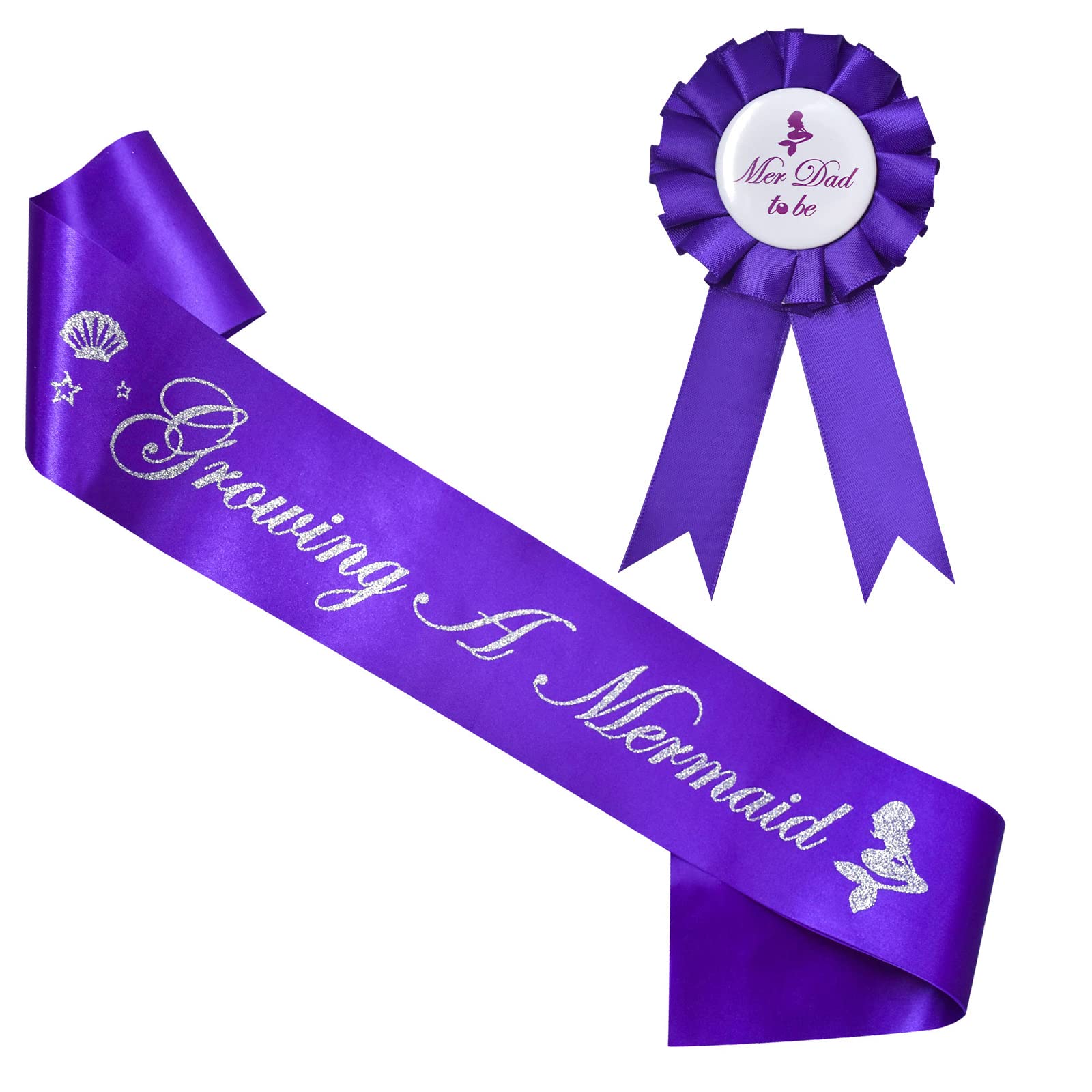 SKJIAYEE Growing A Mermaid Sash and Mer Dad to Be Pin Kit, Purple Baby Shower Sash New Mom Gifts for Baby Shower Gender Reveals Party Favors