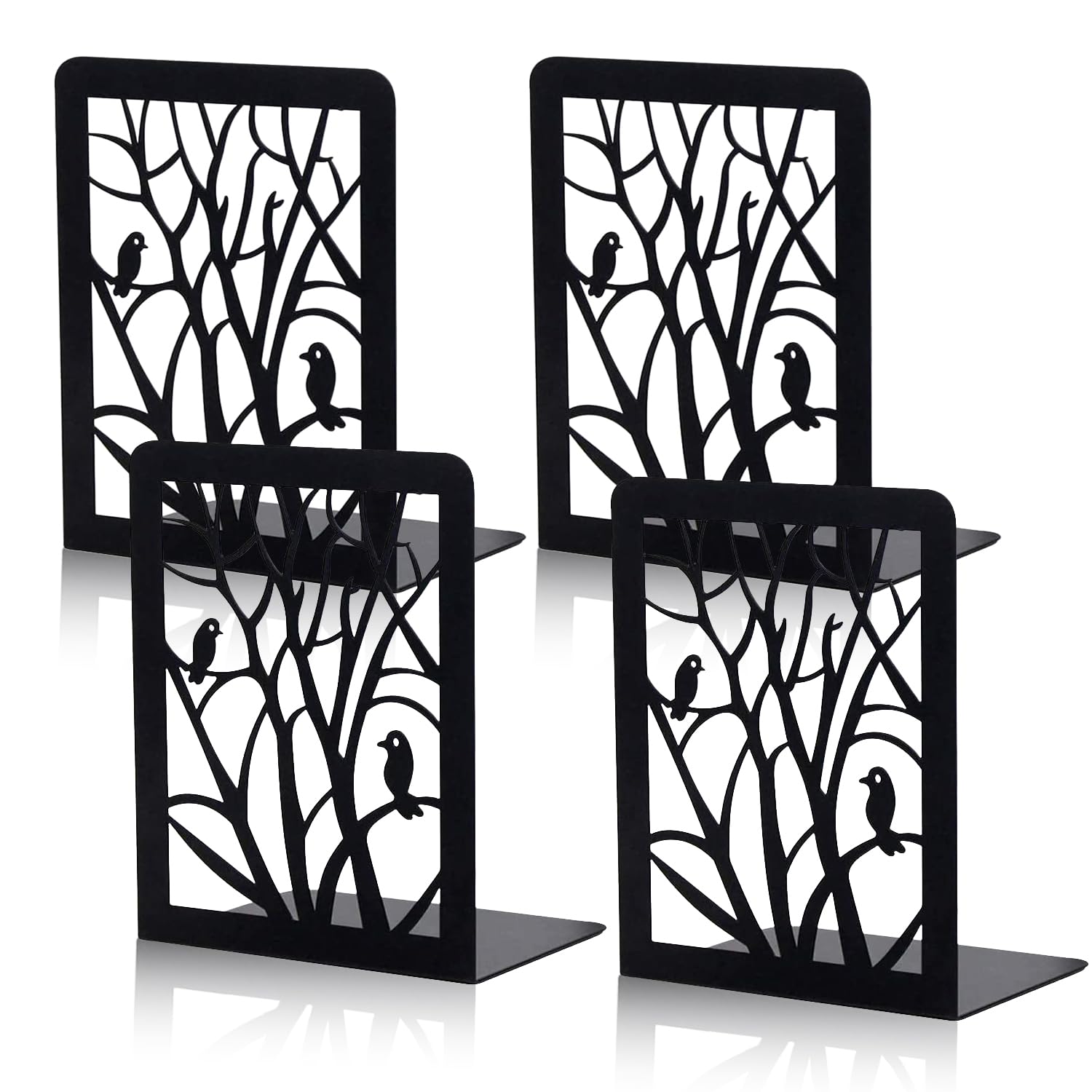 LOSYHU 4 Pcs Book Ends Black, Metal Bookends for Shelves Heavy Duty Book End Decorative Tree Design Book Stopper Supports Anti Slip Book Stopper for Home Office Library School, Bird Style