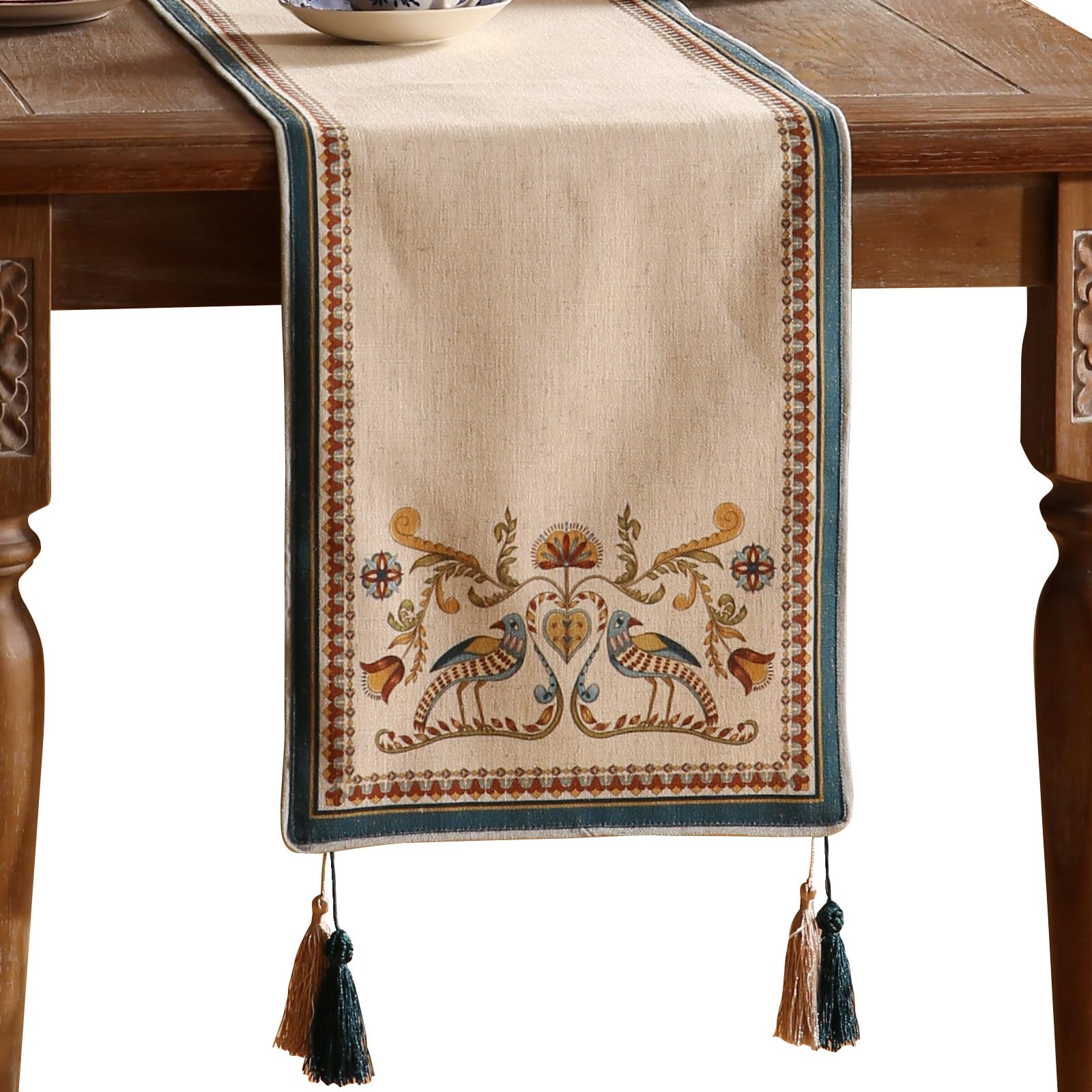 Photo 1 of patdrea Designer Beige Farmhouse Geometric Patterned Linen Table Runner 102 Inch Long,Wrinkle Resistant Table Mat,Decoration for Kitchen Dining and Coffee Tables Banquet Christmas ,12"x102"