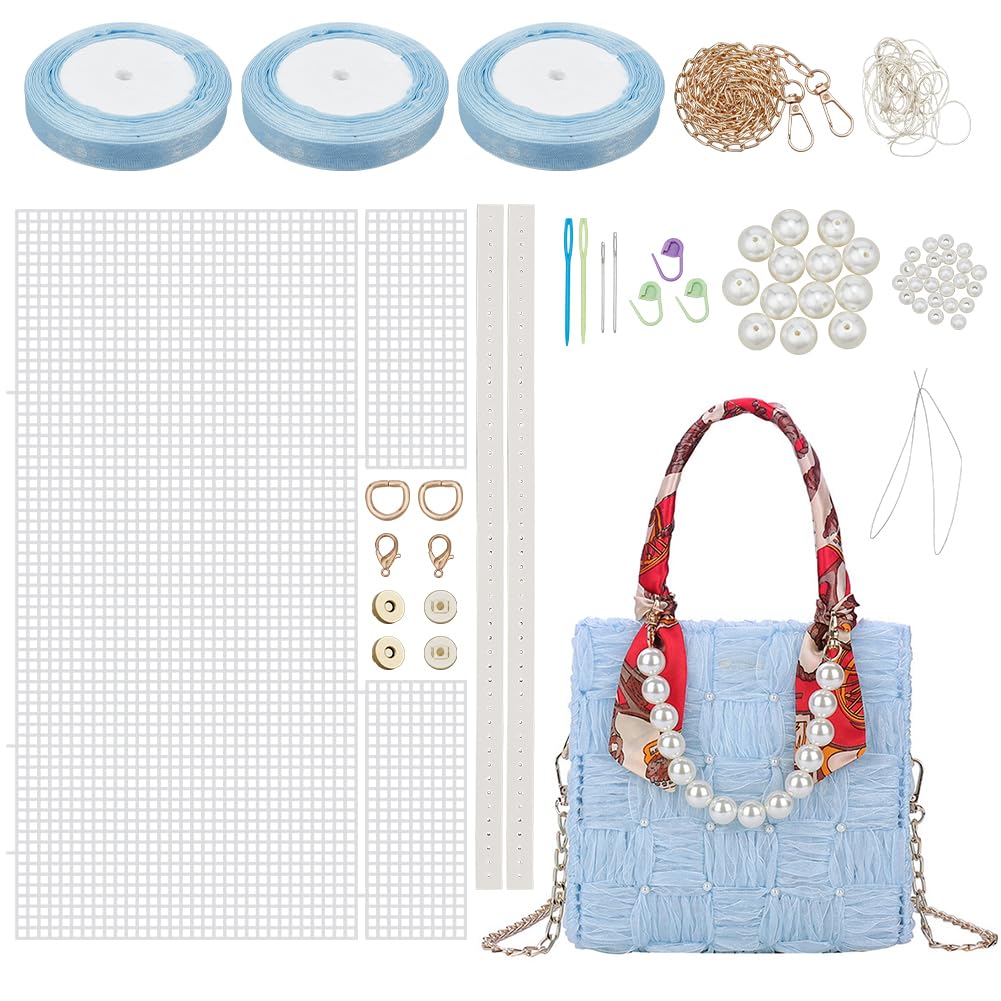 WADORN DIY Knitting Crochet Handbag Kits, Handmade Woven Bag Making Cross Stitch Mesh Plastic Canvas Sheets Set Hand-Knit Craft Shoulder Bags Needlepoint Kit with Ribbon Materials, 19x19cm, Blue