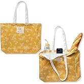Bee's Wrap Market Tote Bag (Pack of 2) - Durable Organic Cotton - Extra Large Reusable Grocery Bags - Tote Bags with Pockets and Straps - Yellow Honeycomb Pattern