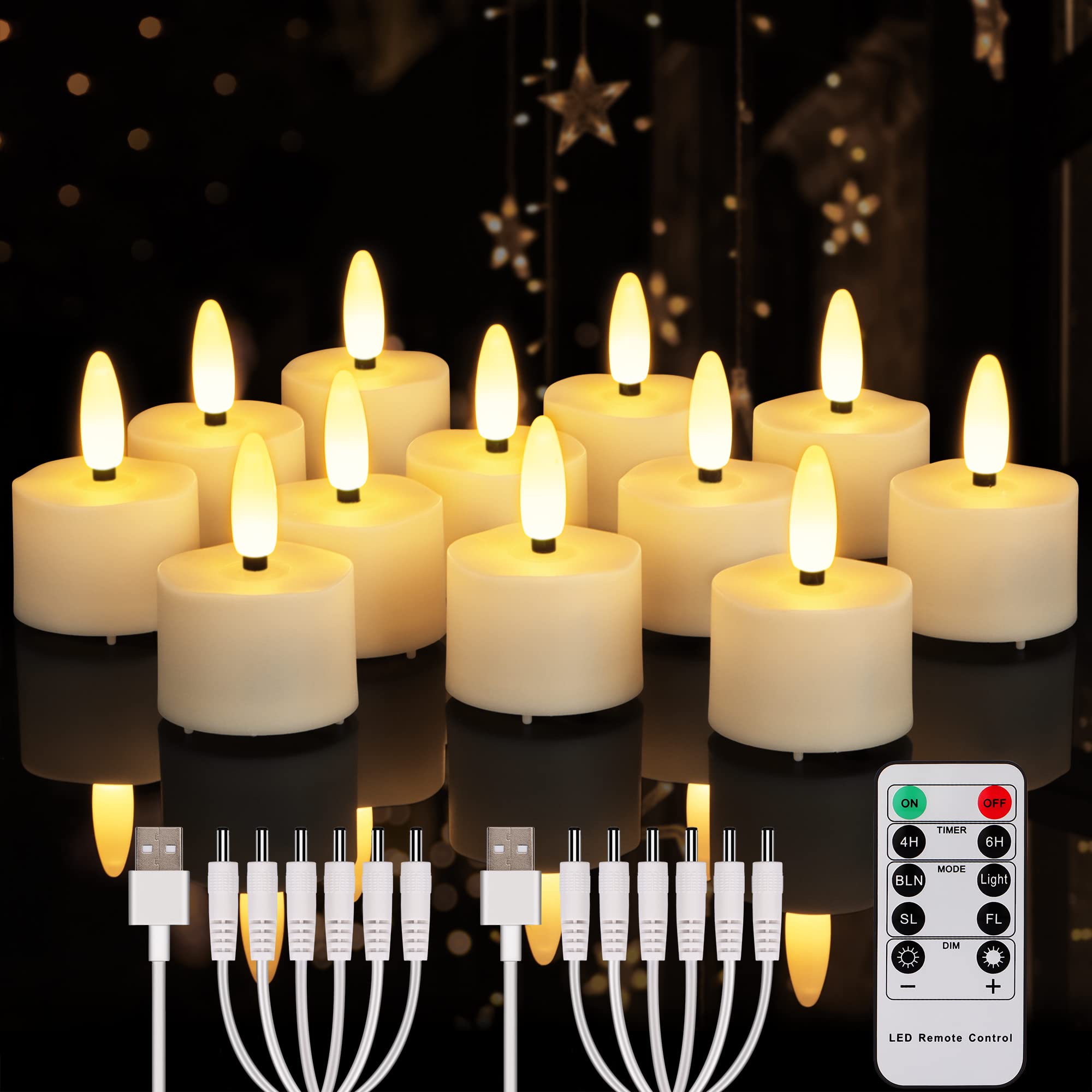 Photo 1 of FREEPOWER Rechargeable Flameless Tea Lights Candles Flickering with Remote Timer, Black Wick Battery Operate LED Tealights for Home Decor, Party and Holiday Decoration, 12PCS USB Rechargeable