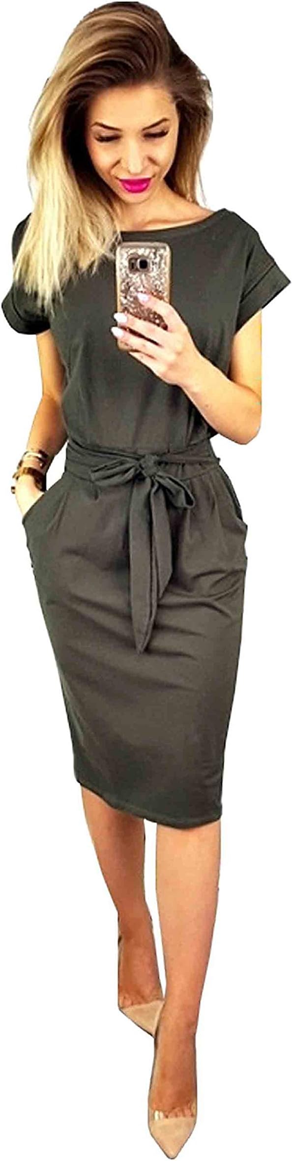 OppaaL Women's Elegant Short Sleeve Wear to Work Casual Pencil Dress with Belt (Medium, Dark Grey)