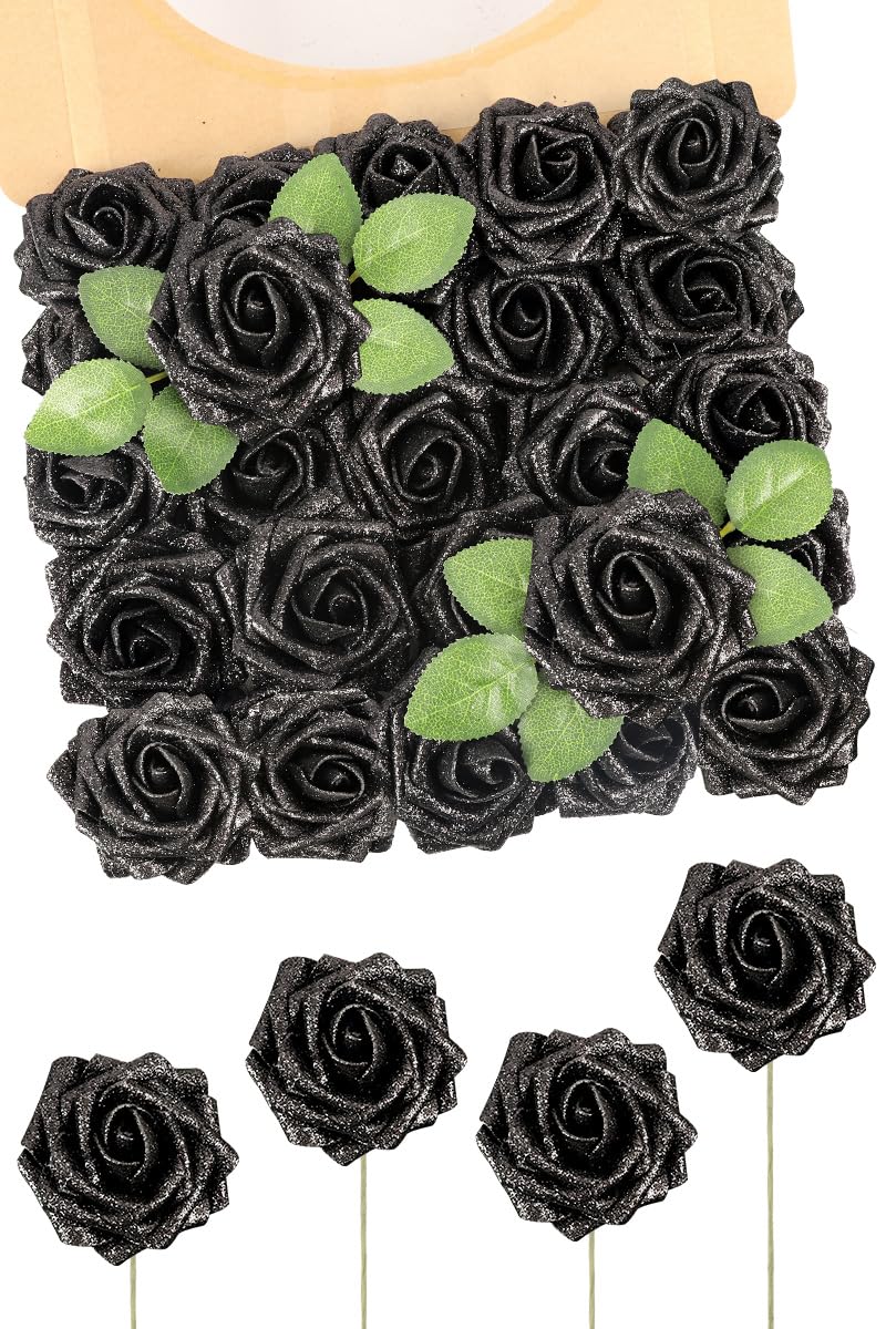 N&T NIETING Artificial Flowers Glitter Rose, 25pcs Fake Roses Flowers with Stems Real Touch Faux foam Roses for Wedding Bouquets Party Home Halloween Christmas Decoration(Black)