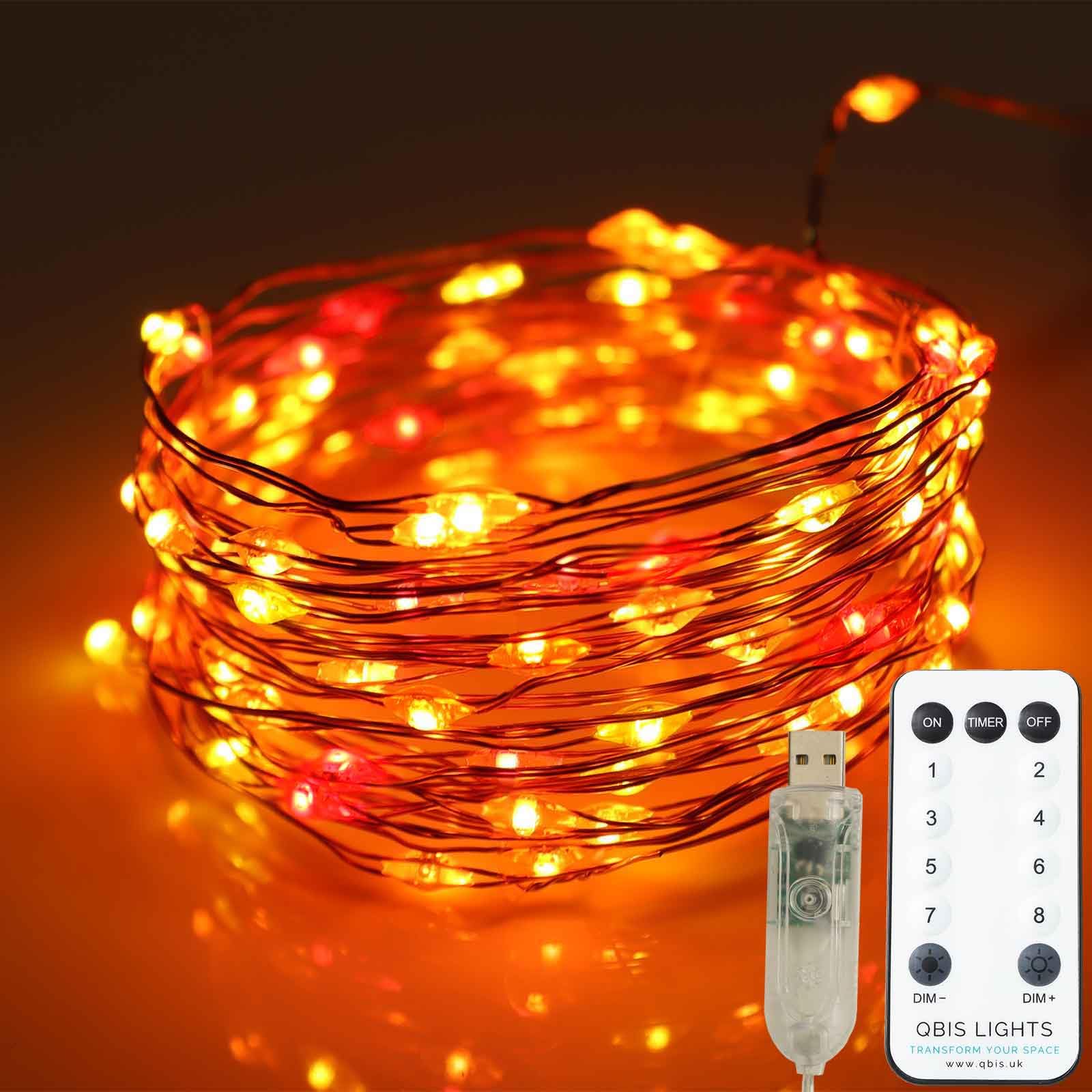 Qbis USB Christmas Lights, 100 Micro LED Fairy String Lights, Thin Copper Wire, Remote Control, USB Plug, Timer, Multi Function, Adjust Brightness, Fireplace Lighting (Sunset (Red, Orange, Yellow))