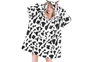 MEWKOU Wearable Blanket Hoodie for Adult Women Men,Oversized Sherpa Sweatshirt Wearable Blanket Hoodie with Giant Pocket,Super Warm Soft Flannel Wearable Blanket Hoodie,Cow Print