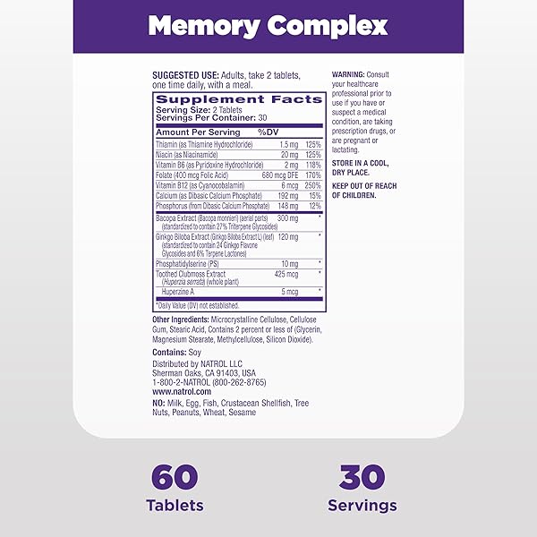 NATROL MEMORY COMPLEX WITH GINKGO BILOBA 120MG AND B VITAMINS, DIETARY SUPPLEMENT FOR BRAIN HEALTH AND MEMORY SUPPORT, 60 TABLETS, 30 DAY SUPPLY