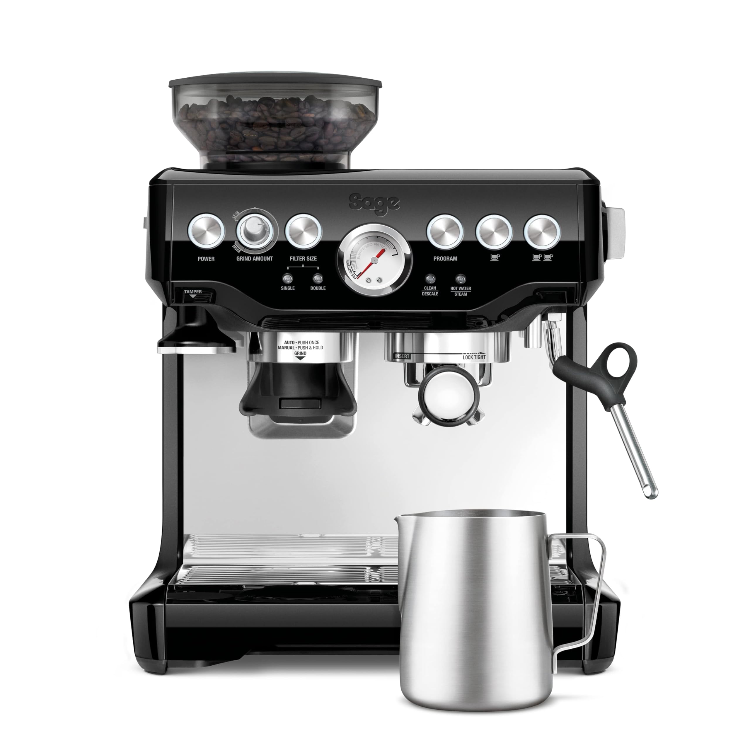 Sage - The Barista Express - Kaffeemaschine mit manuellem Milchaufschumer & Mahlwerk - Automatisches Mahlen, individueller Milchschaum - Schwarzer Sesam, Milchknnchen
