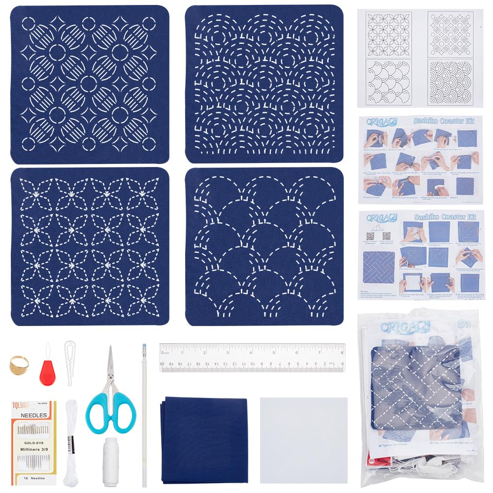 FREEBLOSS 4 Set DIY Sashiko Coaster Kit Water Soluble Embroidery Patterns Thimble Sewing Set Full Embroidery Kit Includes Sashiko Thread, Needles and Fabric Coaster Making Kit for Embroidery Lovers