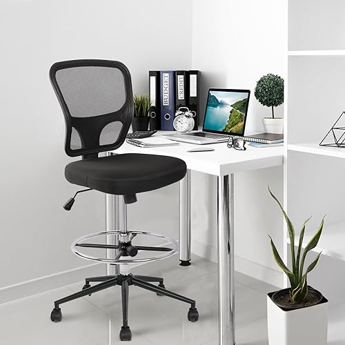 Armless Drafting Chair Tall Office Chair Adjustable Height High Back  Ergonomic Desk Chair Drafting Stool Rolli