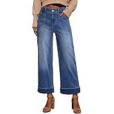 EVALESS Womens High Waist Wide Leg Jeans Trendy Cropped Denim Pants Solid Ankle Length Stretchy Jeans with Pockets