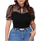 WDIRARA Women's Plus Size Mesh Patchwork Pearls Blouse Tie Neck Puff Short Sleeve Top