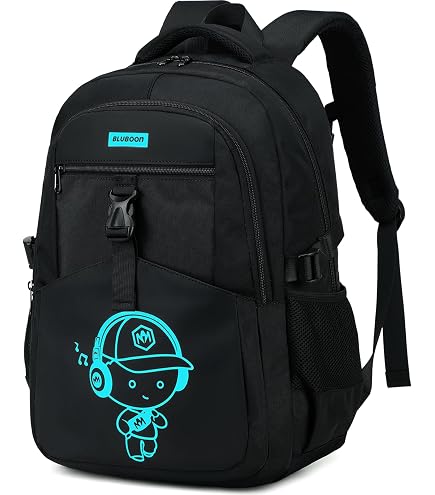School Backpack for Boys, Cartoon Luminous Bookbag 15.6inch Laptop Bag with USB Charging Port - Music Black
