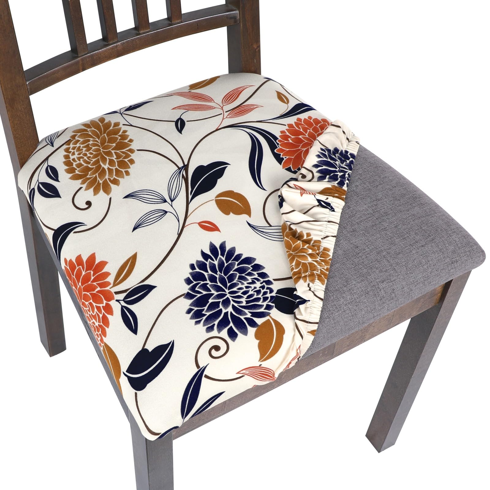 SearchI Seat Covers for Dining Room Chairs Stretch Printed Chair Seat Covers Set of 6, Removable Washable Upholstered Chair Seat Protector Cushion Slipcovers for Kitchen, Office(Flowers Pattern)