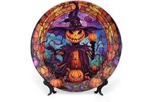 Gokays Decorative Plates, Halloween Scarecrow Jack-O-Lantern Stained Glass Design Display Plate for Home Office Kitchen Table Decor Porcelain Plates 10 Inch, Gifts for Halloween