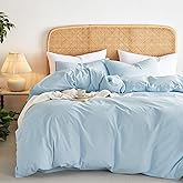 Wake In Cloud - Cotton Duvet Cover Set, Twin Size, Sky Blue, 100% Washed Cotton, Linen Like Textured, Breathable Percale Durable Comfy Farmhouse Neutral Bedding Set, 3 Pieces