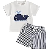Licupiee Toddler Boys Shark Outfits Sea Animal Embroidery Short Sleeve Shirt and Striped Shorts Sets 2Pcs Summer Clothes Set