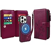 Lacass for iPhone 16 Case Wallet,Compatible with MagSafe Magnetic 2 in 1 Magnetic Detachable PU Leather RFID Blocking Wallet Cover Card Holder Zipper Wrist Strap Lanyard,Floral Wine Red